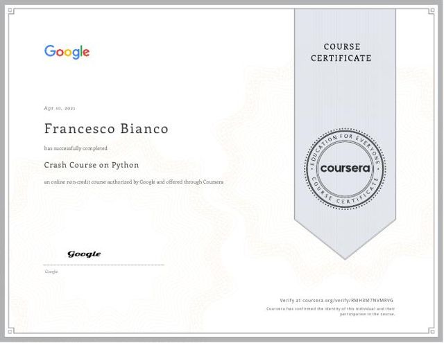 Crash Course on Python certificate